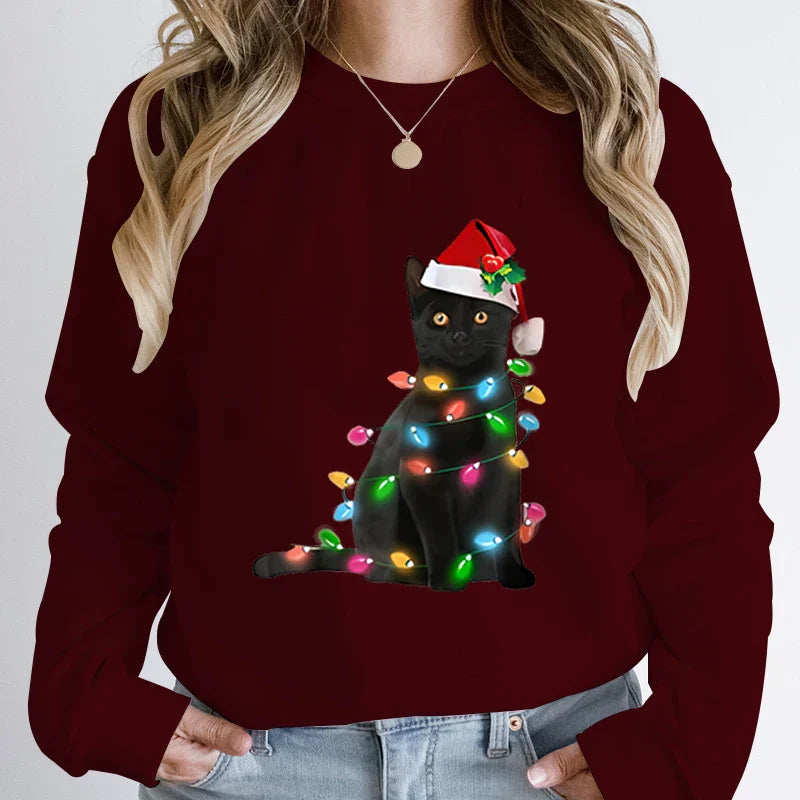 Hoodless Pullover Cute Black Cat Christmas Light Print Hoodie Burgundy / S Hoodies-L