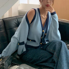 Spring V-neck Long Sleeve Knitted Cardigan Blue / One Size
