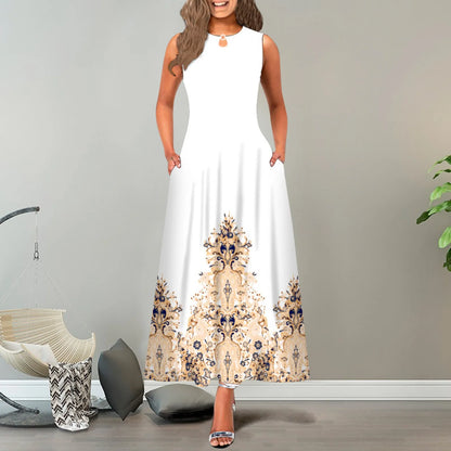 JuliaFashion - New Loose Floral Vintage Hole Big Large Elegant Party Maxi With Pockets Summer Boho Sleeveless Long Dress