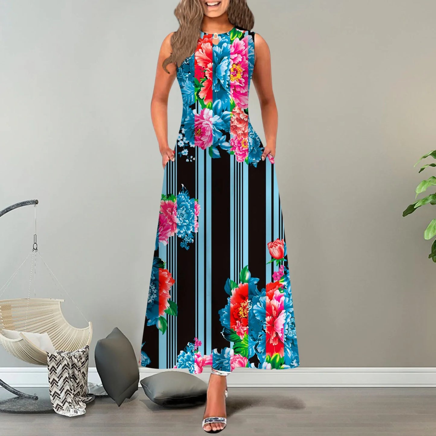 JuliaFashion - New Loose Floral Vintage Hole Big Large Elegant Party Maxi With Pockets Summer Boho Sleeveless Long Dress