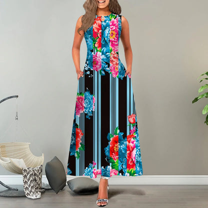 JuliaFashion - New Loose Floral Vintage Hole Big Large Elegant Party Maxi With Pockets Summer Boho Sleeveless Long Dress