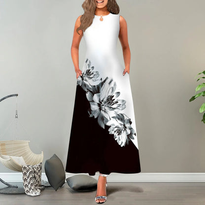 JuliaFashion - New Loose Floral Vintage Hole Big Large Elegant Party Maxi With Pockets Summer Boho Sleeveless Long Dress