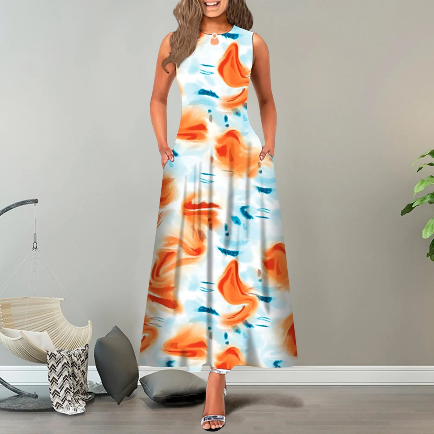 JuliaFashion - New Loose Floral Vintage Hole Big Large Elegant Party Maxi With Pockets Summer Boho Sleeveless Long Dress