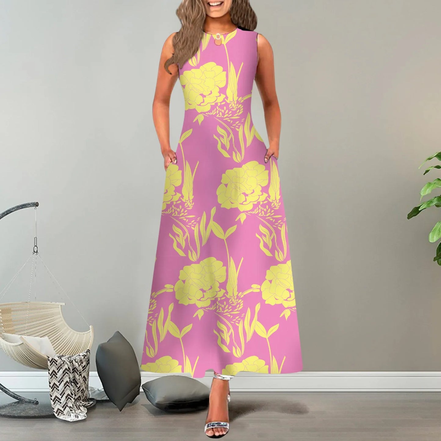 JuliaFashion - New Loose Floral Vintage Hole Big Large Elegant Party Maxi With Pockets Summer Boho Sleeveless Long Dress