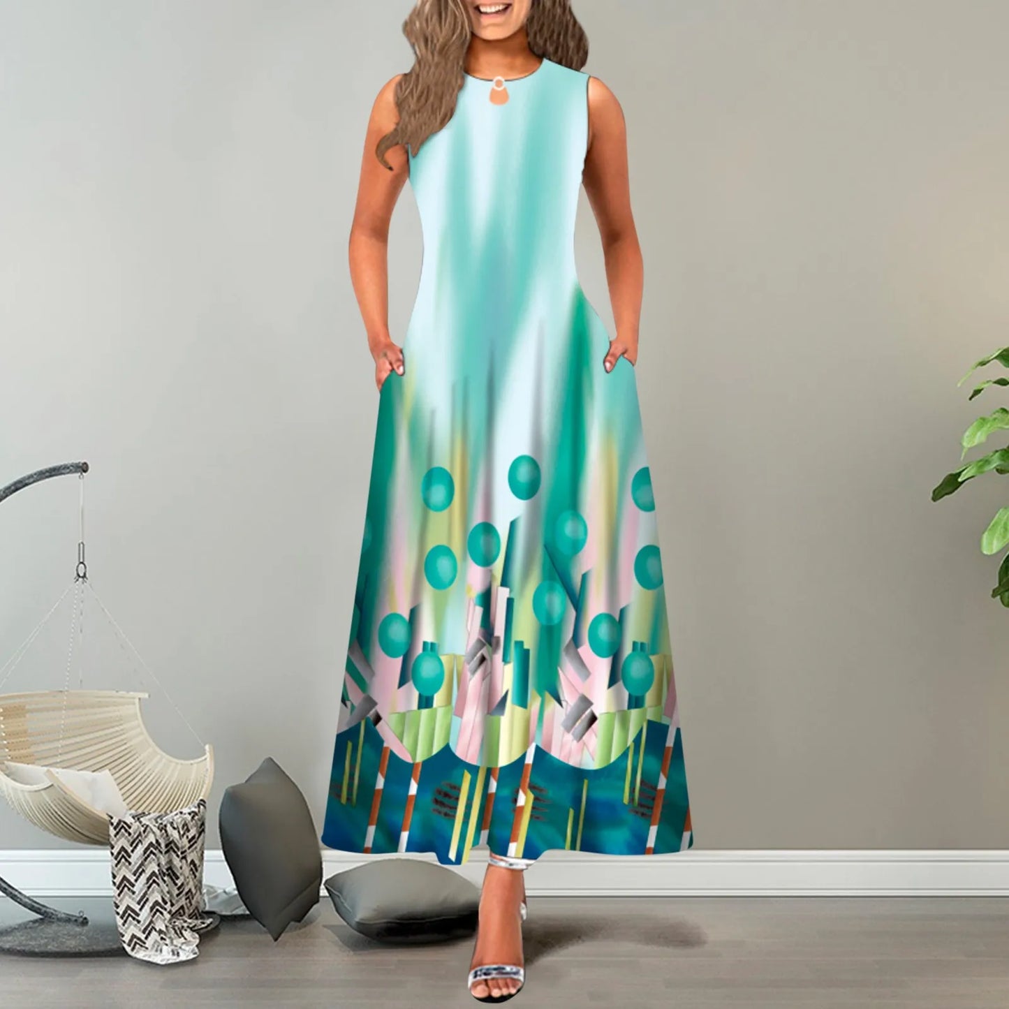 JuliaFashion - New Loose Floral Vintage Hole Big Large Elegant Party Maxi With Pockets Summer Boho Sleeveless Long Dress