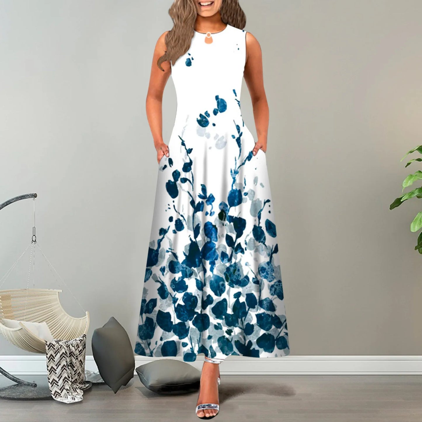 JuliaFashion - New Loose Floral Vintage Hole Big Large Elegant Party Maxi With Pockets Summer Boho Sleeveless Long Dress