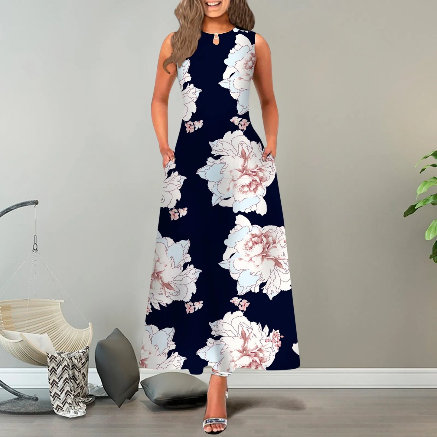 JuliaFashion - New Loose Floral Vintage Hole Big Large Elegant Party Maxi With Pockets Summer Boho Sleeveless Long Dress