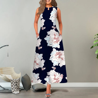 JuliaFashion - New Loose Floral Vintage Hole Big Large Elegant Party Maxi With Pockets Summer Boho Sleeveless Long Dress