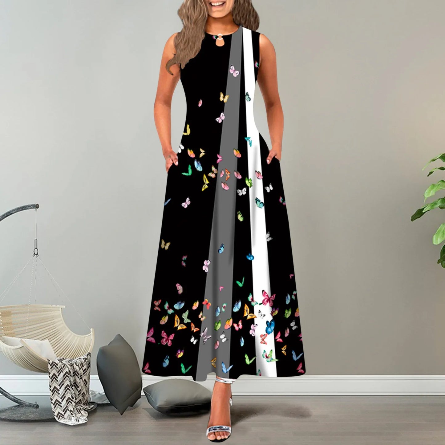 JuliaFashion - New Loose Floral Vintage Hole Big Large Elegant Party Maxi With Pockets Summer Boho Sleeveless Long Dress