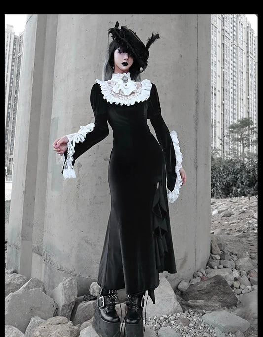 New Japanese Flare Black Long Vintage Sleeve Trumpet Turtleneck Gothic Design Dress Patch Lace Original Dress