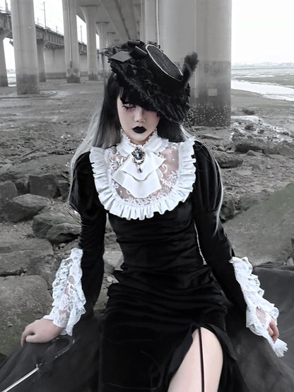 New Japanese Flare Black Long Vintage Sleeve Trumpet Turtleneck Gothic Design Dress Patch Lace Original Dress