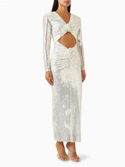 New Sexy Long Sleeves Luxury Sequins Slim Dress Hollow Flower Christmas Party Dresses-L