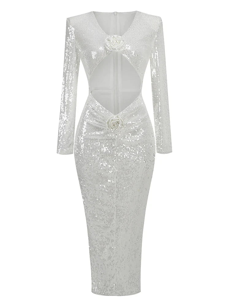 New Sexy Long Sleeves Luxury Sequins Slim Dress Hollow Flower Christmas Party White / S Dresses-L