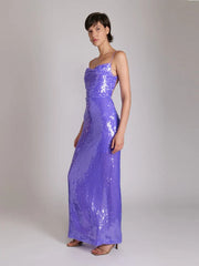 New Sexy Sleeveless Backless Lace-Up Slim Long Dress Bright Sequins Christmas Party Dresses-L