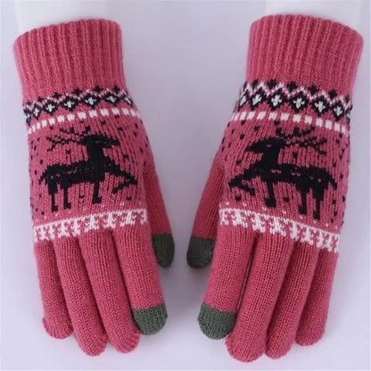 Plush Winter Warm Cycling Anti-Cold Christmas Deer Knitted Touchscreen Gloves Red / One Size