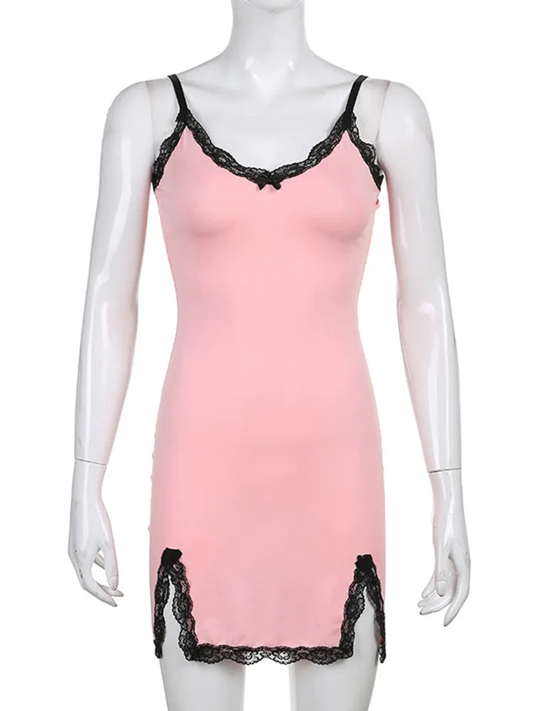 Julia Fashion - New V-neck Pink Split Lace Sexy Skinny Strap Tank Mini Dress