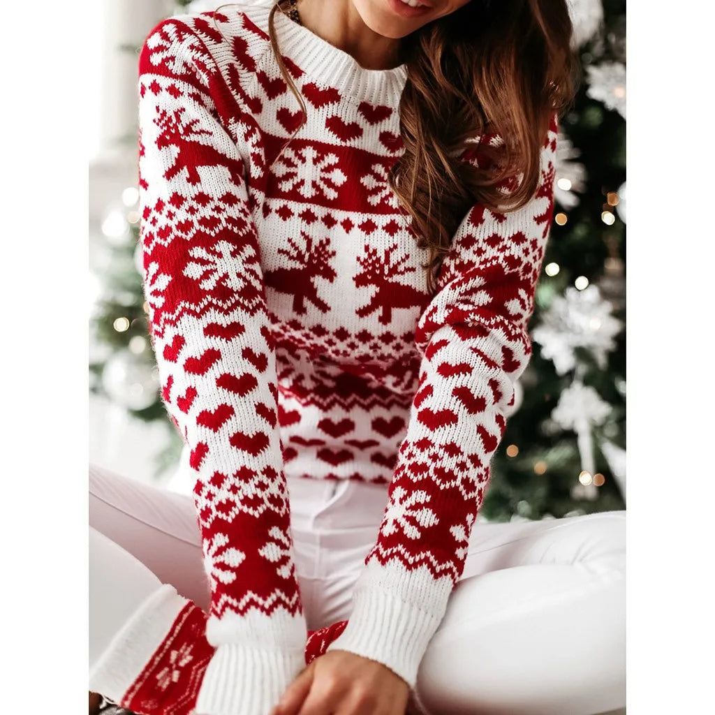 Casual Long Sleeve Print Pullover Knitted Christmas Sweater Sweaters-L