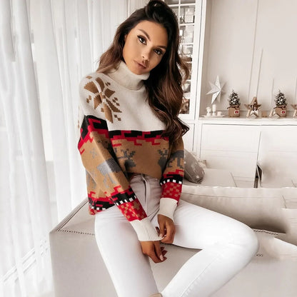 Winter Christmas Print Knitted Casual Long Sleeve Ugly Women Sweater Sweaters-L