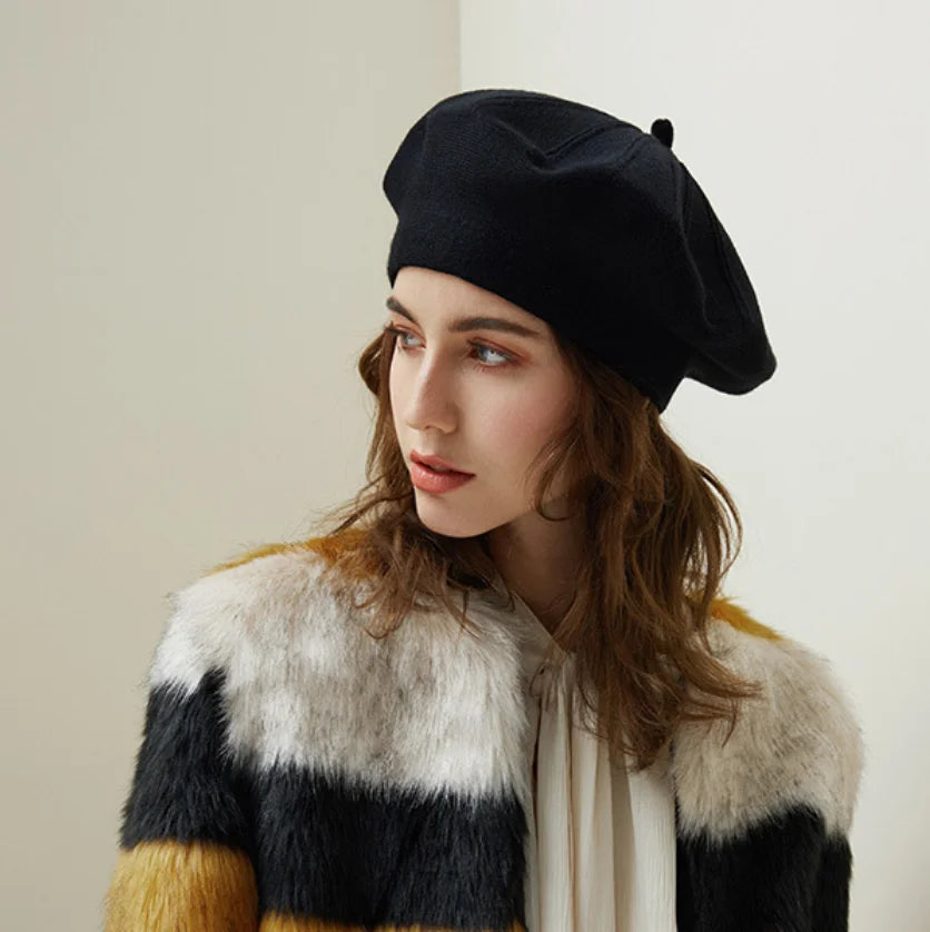 French Stripe Plaid Military Top Painter Beret Women Hat - Wool Knitted Black Hat-L