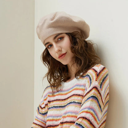 French Stripe Plaid Military Top Painter Beret Women Hat - Wool Knitted Hat-L