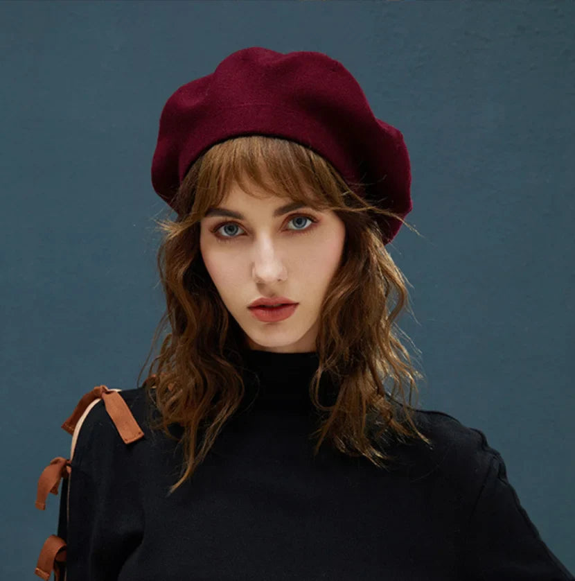 French Stripe Plaid Military Top Painter Beret Women Hat - Wool Knitted Wine Red Hat-L