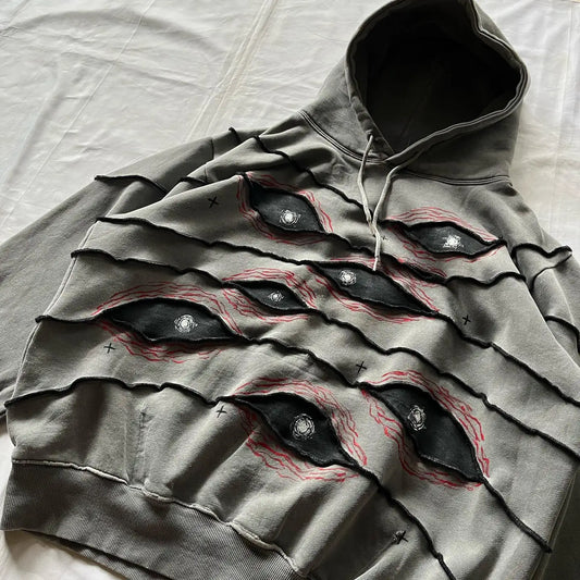 Hip Hop Gothic Retro Eye Patchwork Gray Loose Hoody