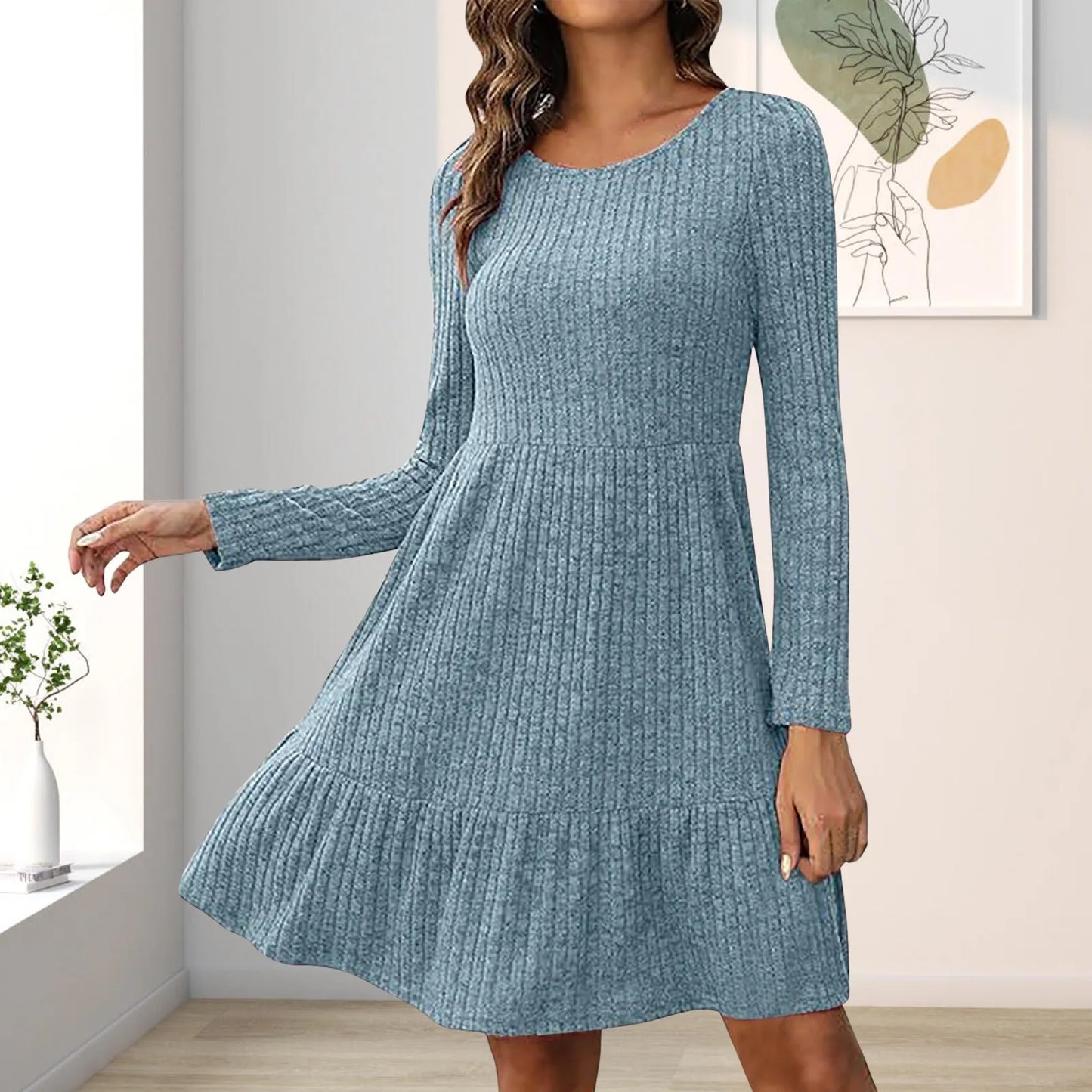 JuliaFashion - O-Neck Soild Knitted For 2024 Autumn And Winter New Long Sleeve Loose A Line Female Casual Party Vestidos Dress