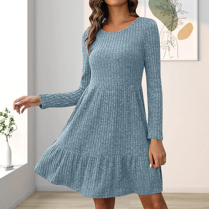 JuliaFashion - O-Neck Soild Knitted For 2024 Autumn And Winter New Long Sleeve Loose A Line Female Casual Party Vestidos Dress