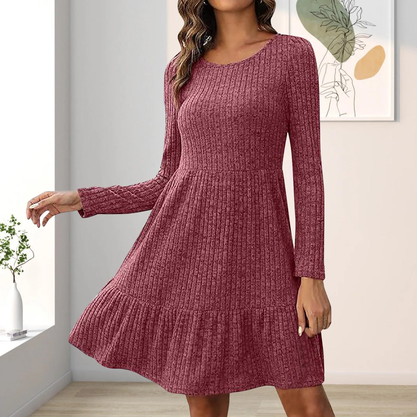 JuliaFashion - O-Neck Soild Knitted For 2024 Autumn And Winter New Long Sleeve Loose A Line Female Casual Party Vestidos Dress