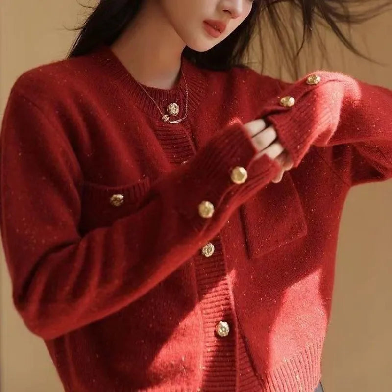 Solid Color Office Lady O-Neck Cardigan Cardigan-241208