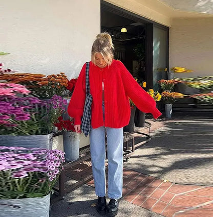 Single Breasted Knitted Coat Casual Solid Color Long Sleeve Red Warm Cardigan