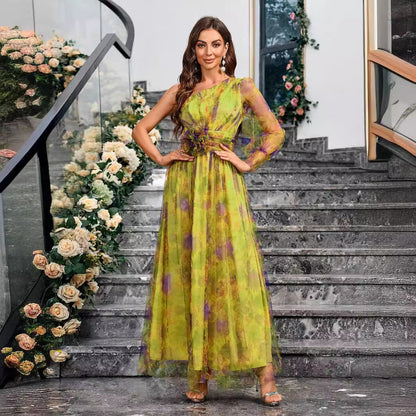 One Shoulder Printed Elegant Slim Fit Dress