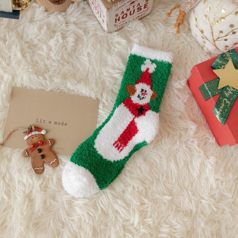 Thick Coral Fleece Cute Reindeer Snowman Christmas Socks