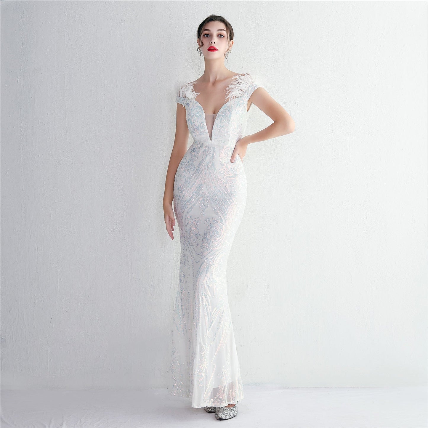 High Density Three Dimensional Strong Sequin Positioning Floral Craft Handmade Wool Cocktail Slim Fit Evening Dress