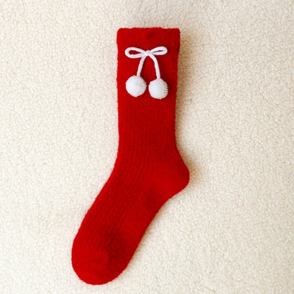 Embroidered Red Mid Calf Coral Fleece Cozy Christmas Socks