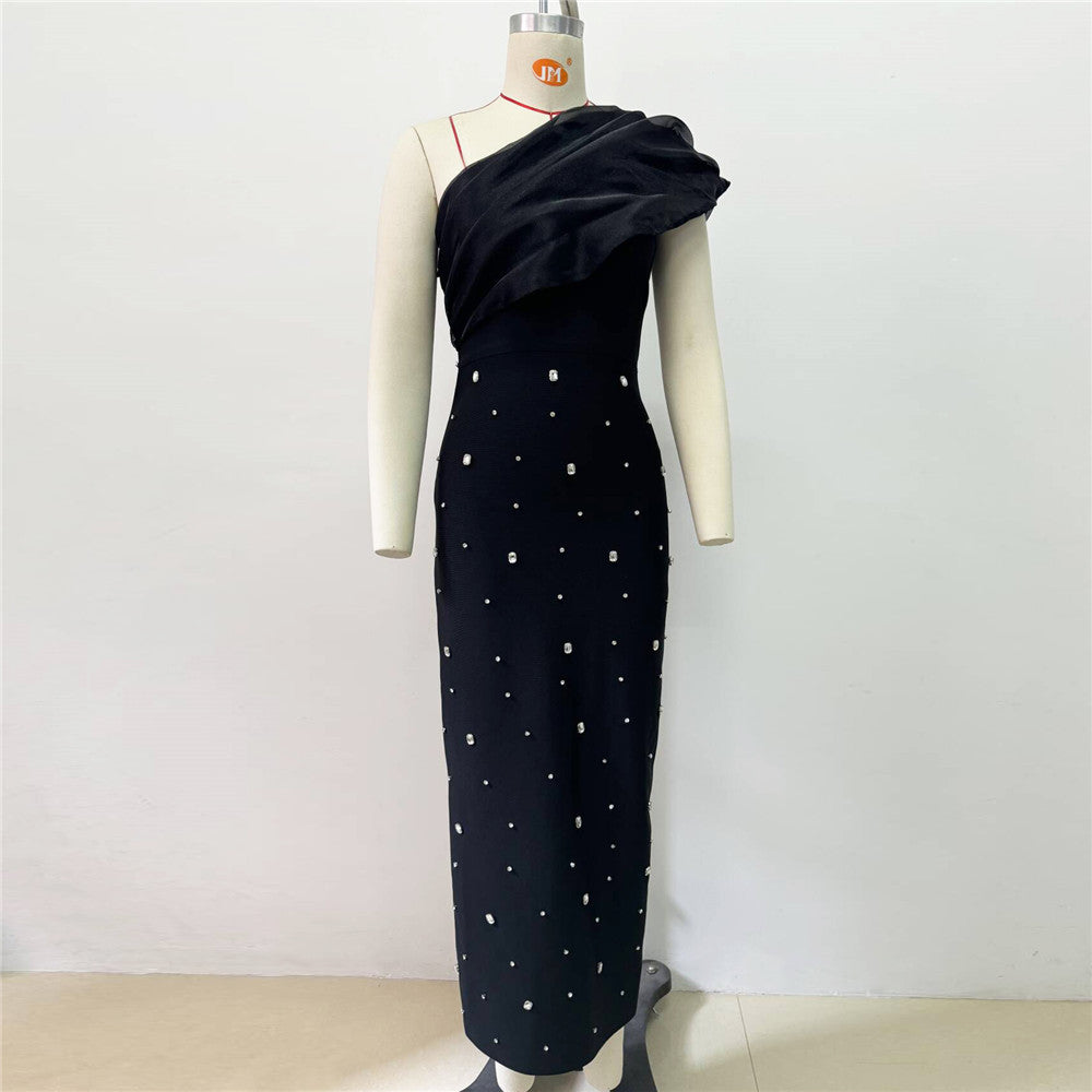 Oblique Shoulder Rhinestone Voile Bandage Dress Debutante Gala Dinner Dress