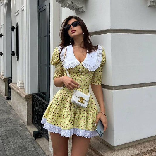 Peter Pan Collar Short Sleeve Floral Dress GracefulTight Waist Petti dress