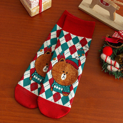 Cartoon Moose Santa Mid-Calf Crew Straight Christmas Socks