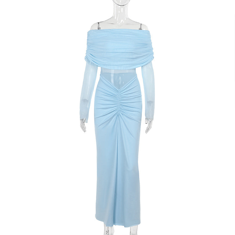 Off Shoulder Mesh Pleated SocialiteElegant Micro Transparent Slim Fit Maxi Dress