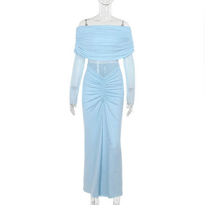 Off Shoulder Mesh Pleated SocialiteElegant Micro Transparent Slim Fit Maxi Dress