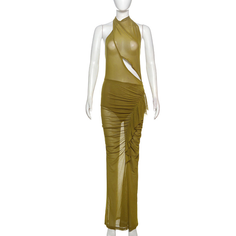 Irregular Asymmetric Design Pleated Lace up Backless Dress