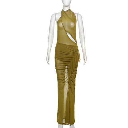 Irregular Asymmetric Design Pleated Lace up Backless Dress