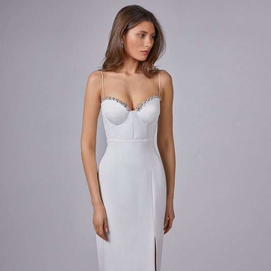 Sleeveless Mid-Waist White Solid Color Sling Simple Dress Metal Corsage Annual Party Evening Dress