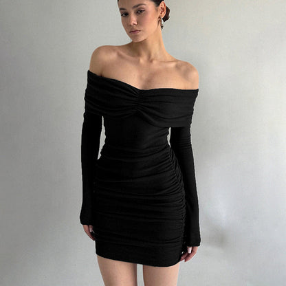 Pleated off the Shoulder Long Sleeve Slim Sheath Short Dress