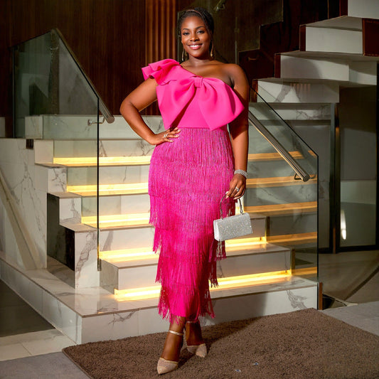 Elegant Solid Color Sheath Tassel Dress Party Cocktail Diagonal Collar Big Bow Dress