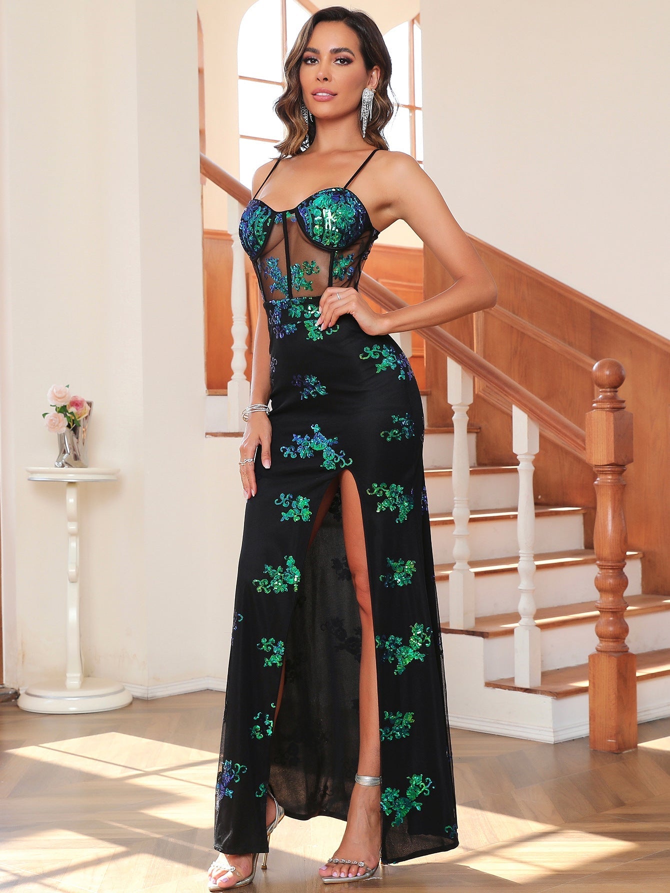 See Through Green Sequ Dress Party Evening Dress