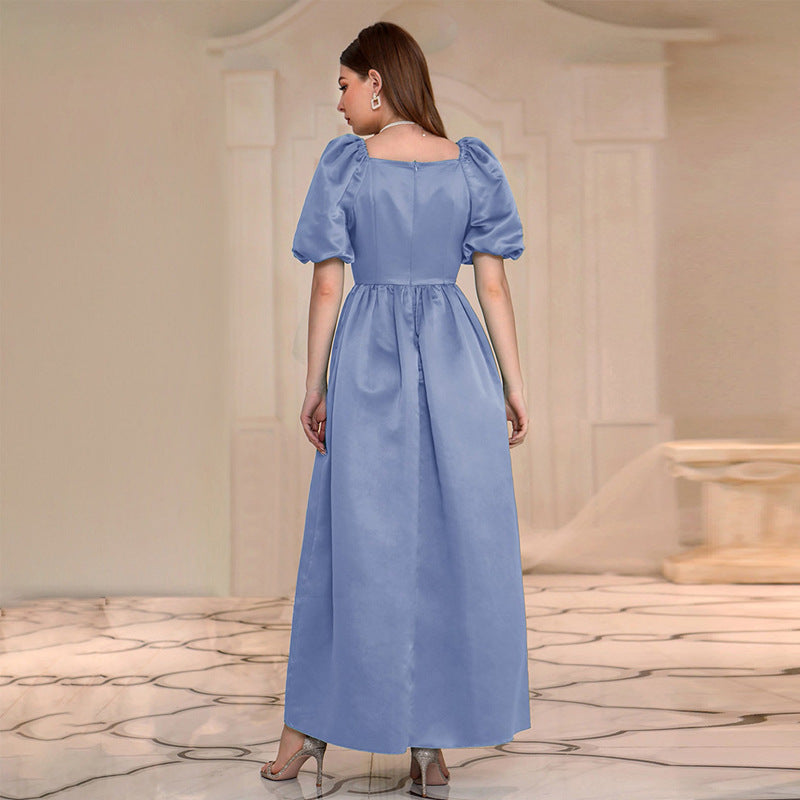 Dress Blue A line Dress High Waist Square Collar Elegant Dress