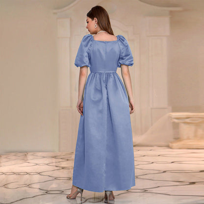 Dress Blue A line Dress High Waist Square Collar Elegant Dress