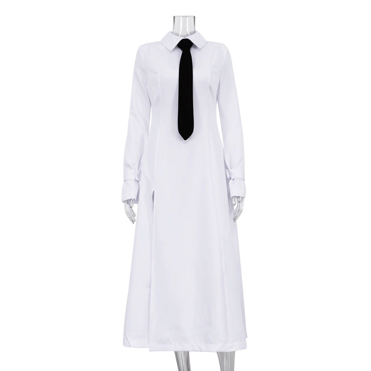 Early Elegant College Collared Long Sleeve Split Dress Tie Dress