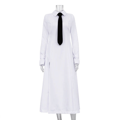 Early Elegant College Collared Long Sleeve Split Dress Tie Dress